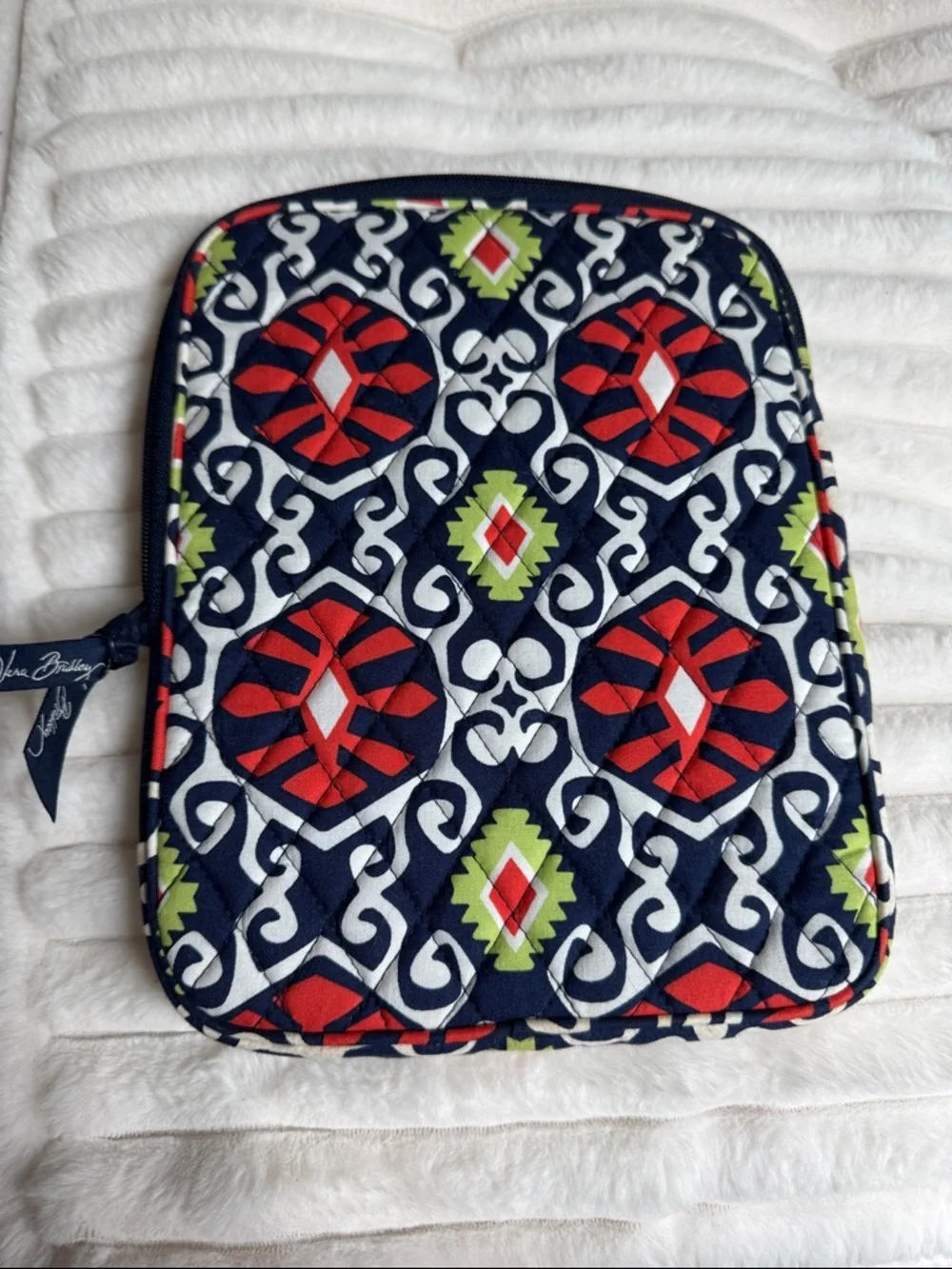 Vera Bradley Navy Quilted Zip Pouch with Red, Lime & White Motif